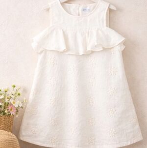 Mayoral White Linen Dress Girls 10 Ruffle Summer Cotton Embroidered Swing Shift